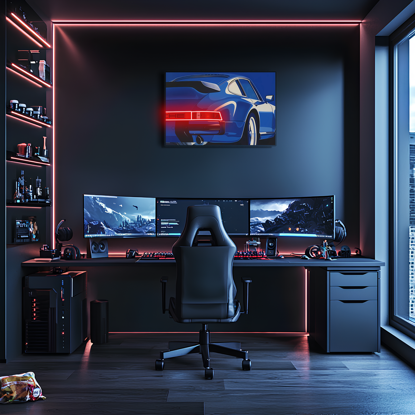 Mavi Retro Spor Araba UV Baskı Neon Duvar Dekoru | Pleksi Işıklı Tablo | Modern Ev ve Ofis Dekoru