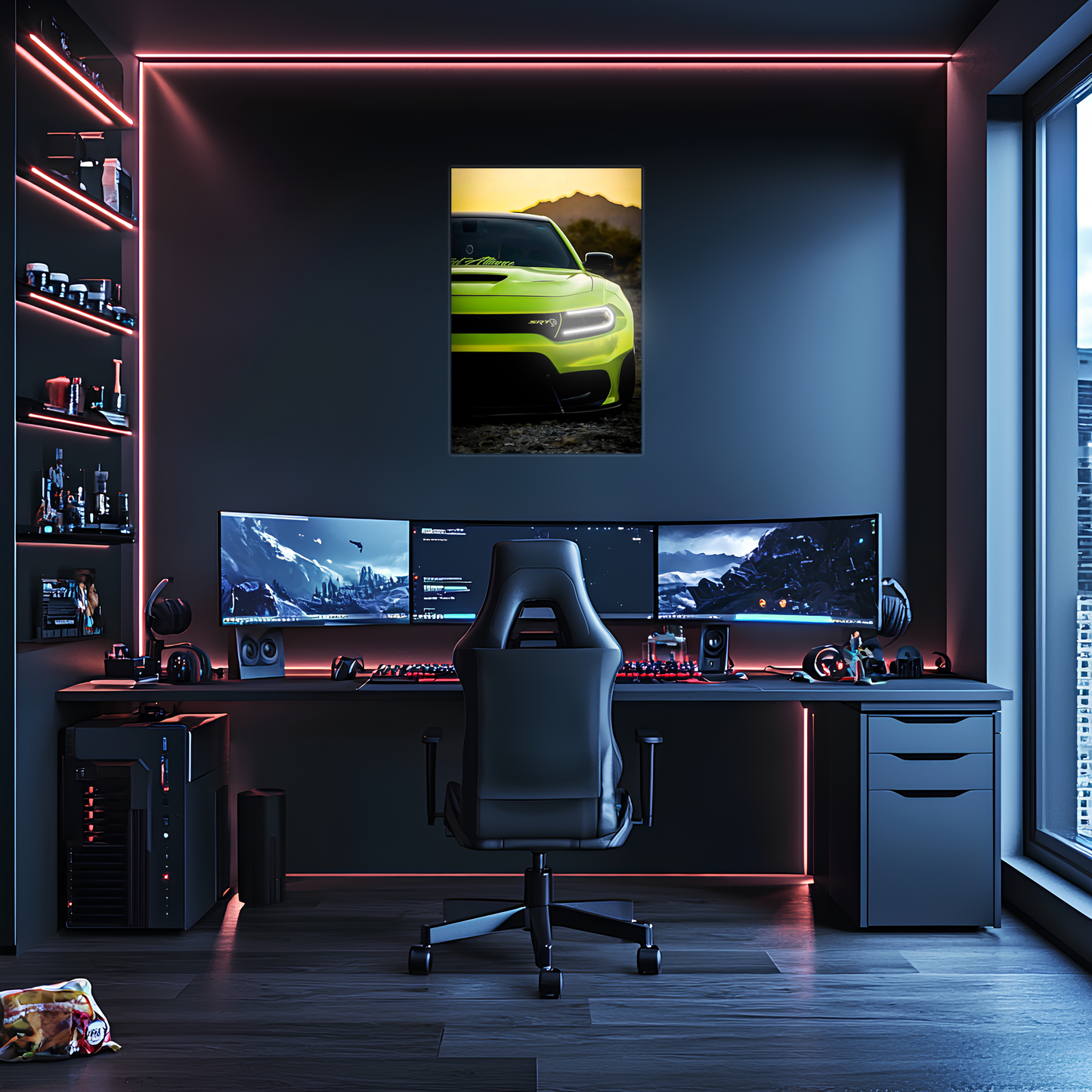 Yeşil SRT Tarzı UV Baskı Neon Duvar Dekoru | Pleksi Işıklı Muscle Car Tablo | Gamer Room Duvar Sanatı