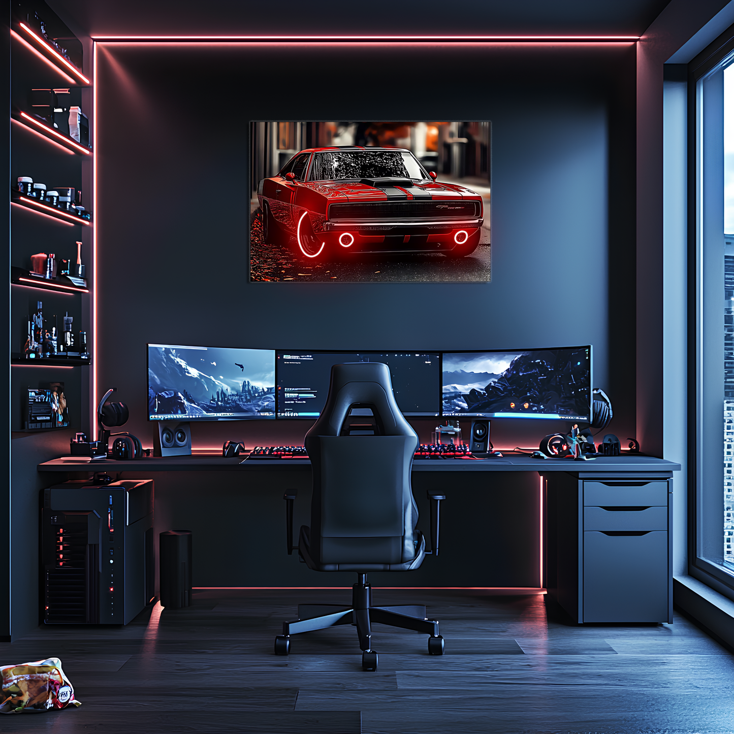 Kırmızı Charger Tarzı UV Baskı Neon Duvar Dekoru | Pleksi Işıklı Retro Araba Tablo | Gamer Room Duvar Sanatı