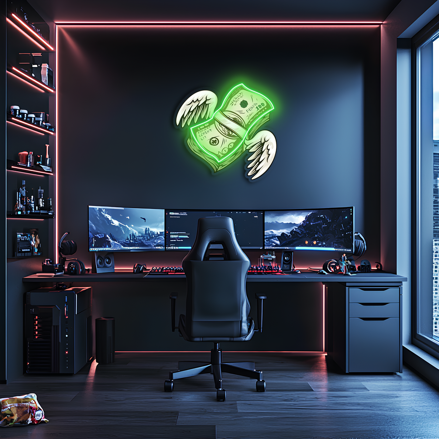 Uçan Para Neon Duvar Dekoru | Yeşil Işıklı Pleksi Tablo | Gamer Room ve Ofis İçin Modern Duvar Sanatı