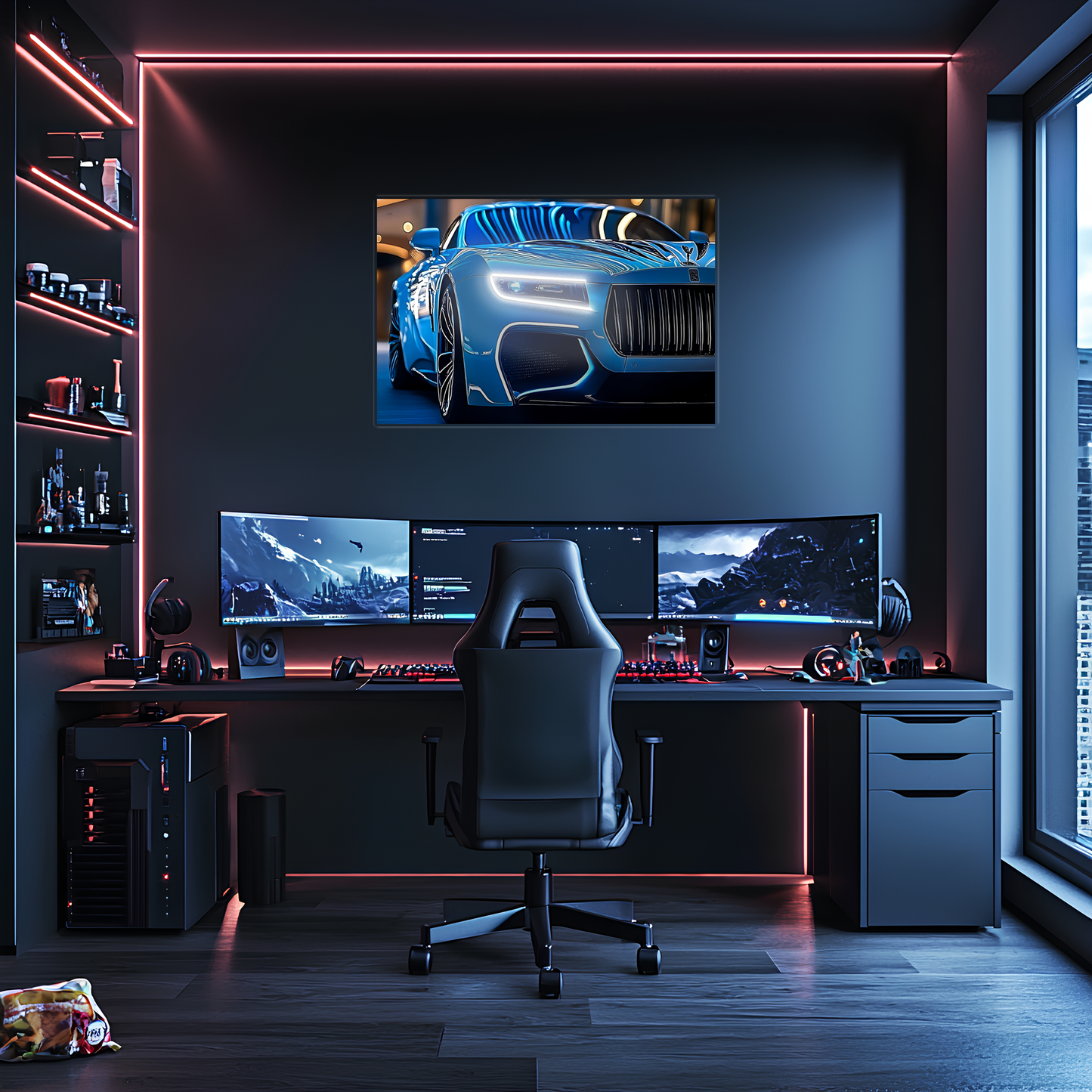 Mavi Spor Araba UV Baskı Neon Duvar Dekoru | Gamer Room Pleksi Işıklı Tablo | Modern Araba Temalı Duvar Sanatı