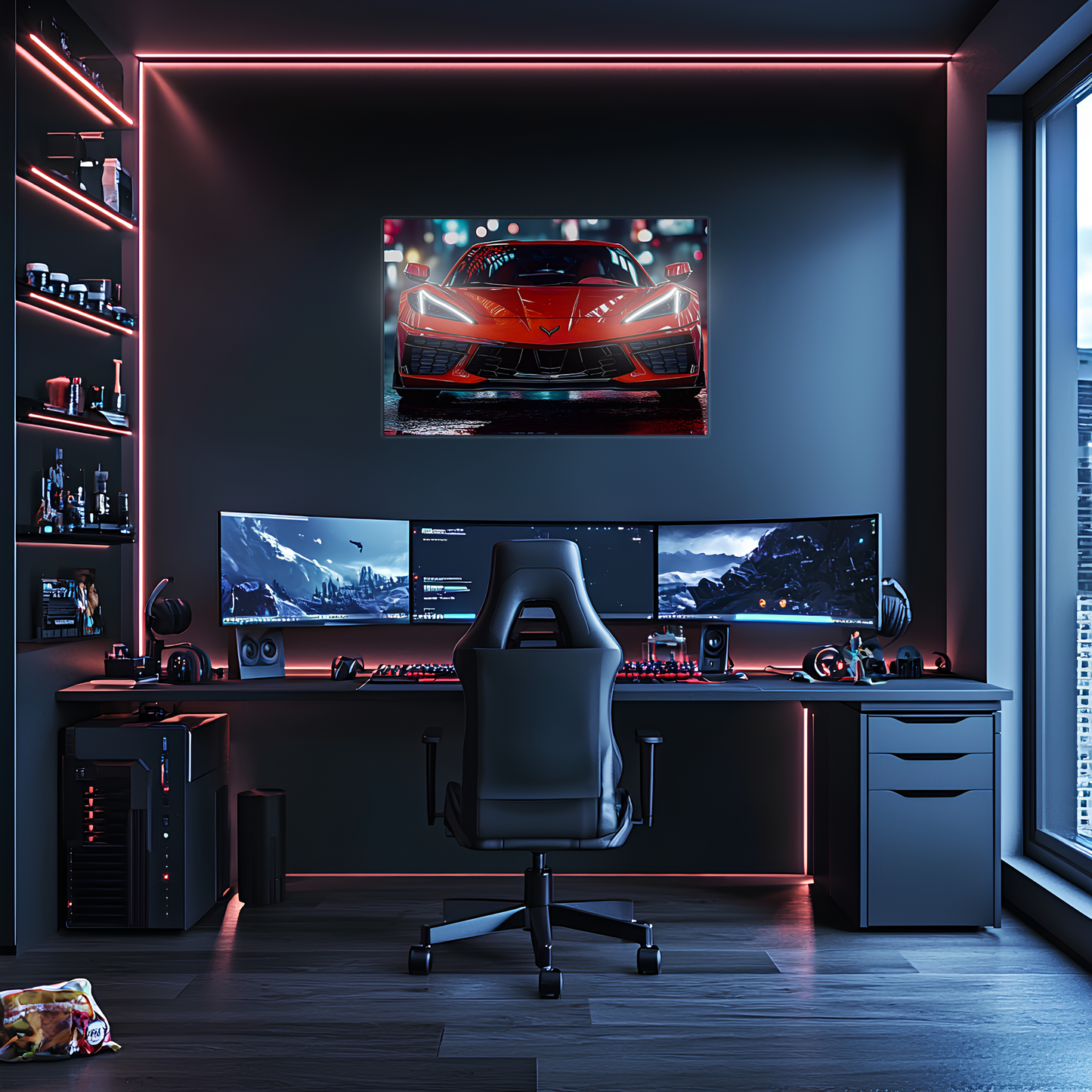 Kırmızı Corvette Tarzı UV Baskı Neon Duvar Dekoru | Pleksi Işıklı Spor Araba Tablo | Gamer Room Duvar Sanatı