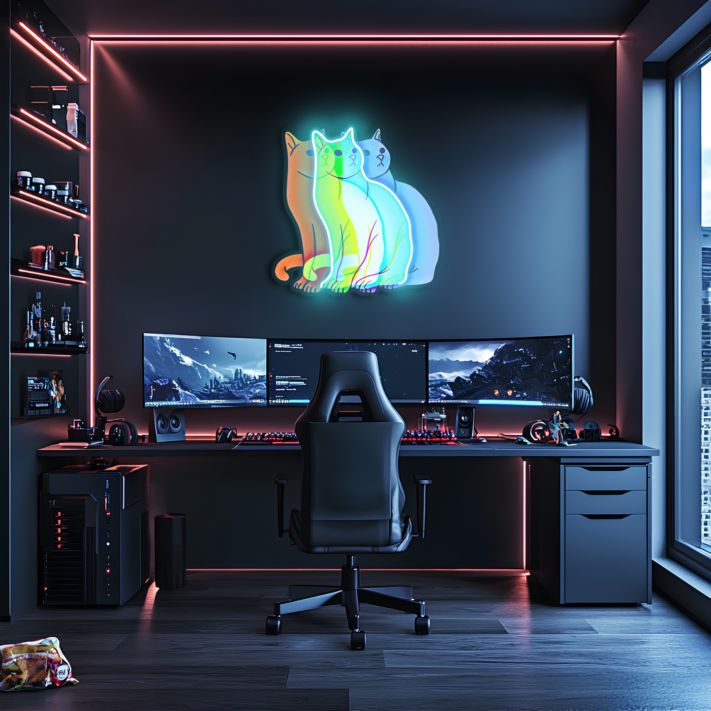 Üç Renkli Kedi Neon Duvar Dekoru | Gökkuşağı Işıklı Pleksi Tablo | Modern ve Minimalist Ev Dekoru