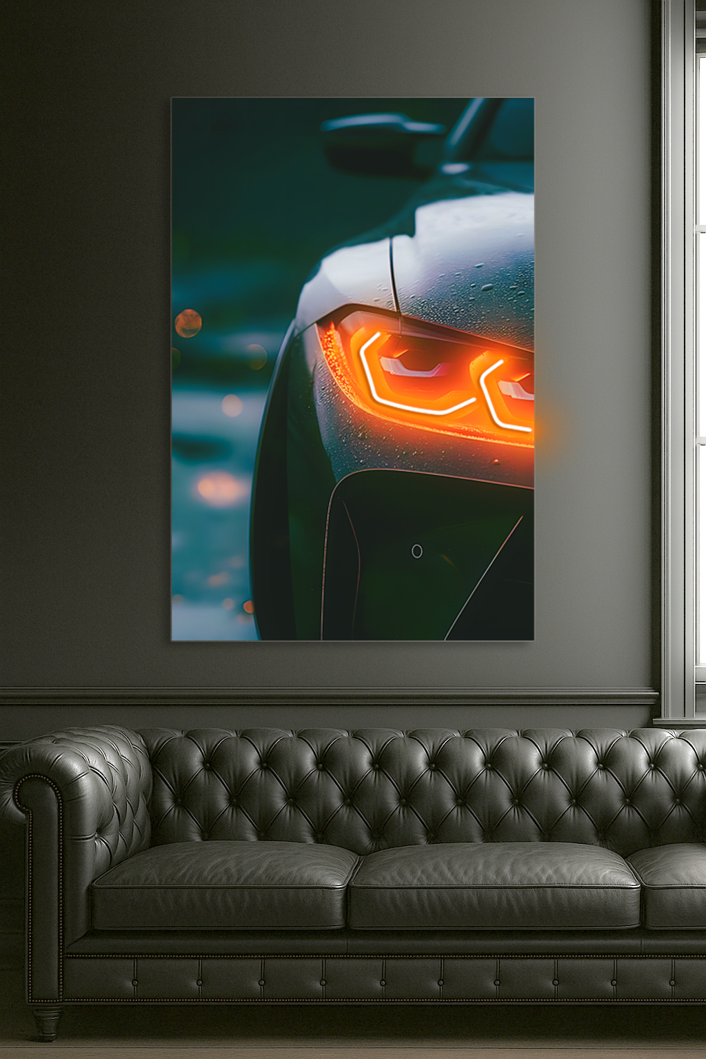 Turuncu Far Detaylı Spor Otomobil UV Baskı Neon Tablo | Pleksi LED Duvar Dekoru | Modern Otomobil Sanatı