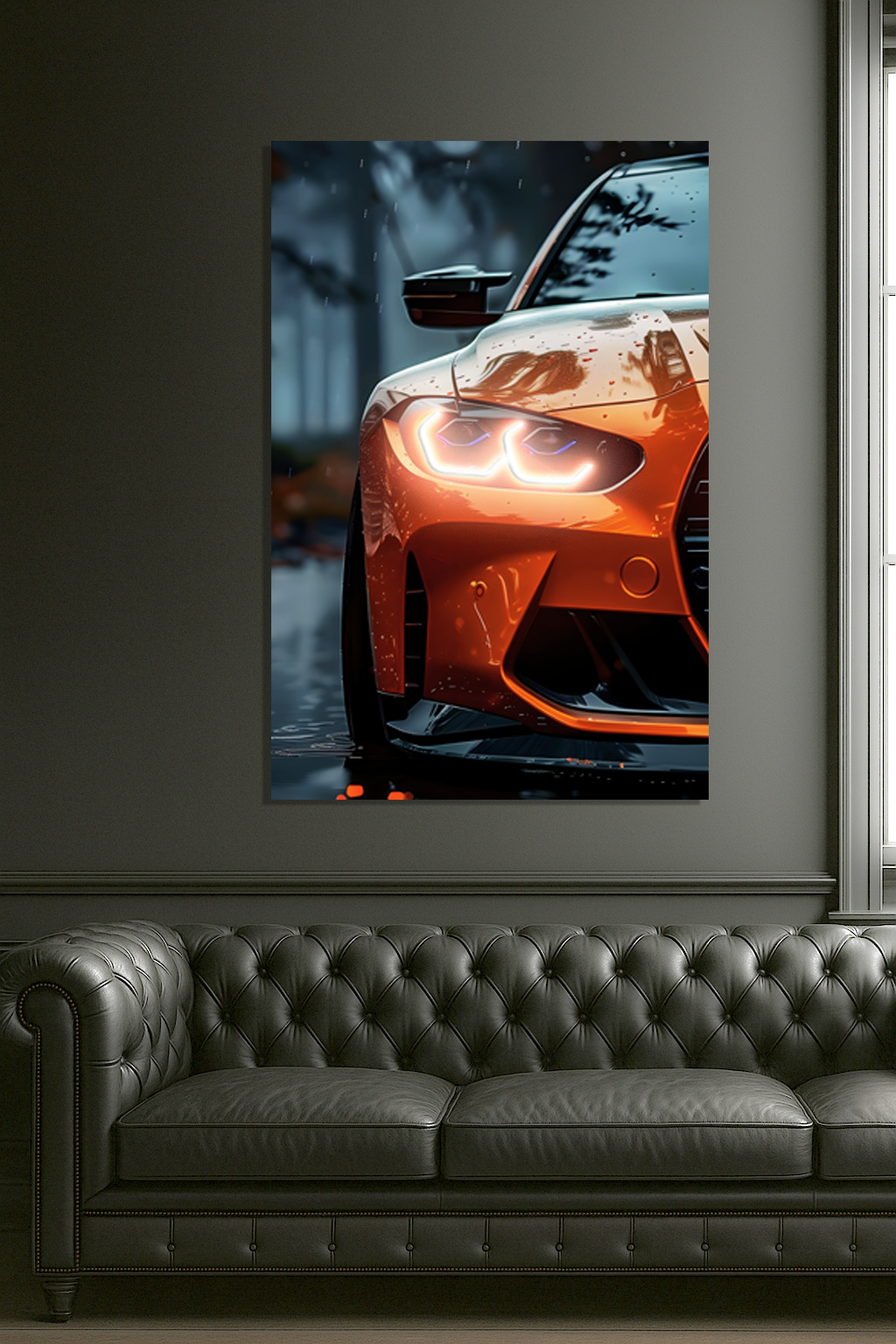 Turuncu Spor Otomobil UV Baskı Neon Duvar Dekoru | Pleksi Üzeri LED Işıklı Tablo | Modern Araba Duvar Sanatı