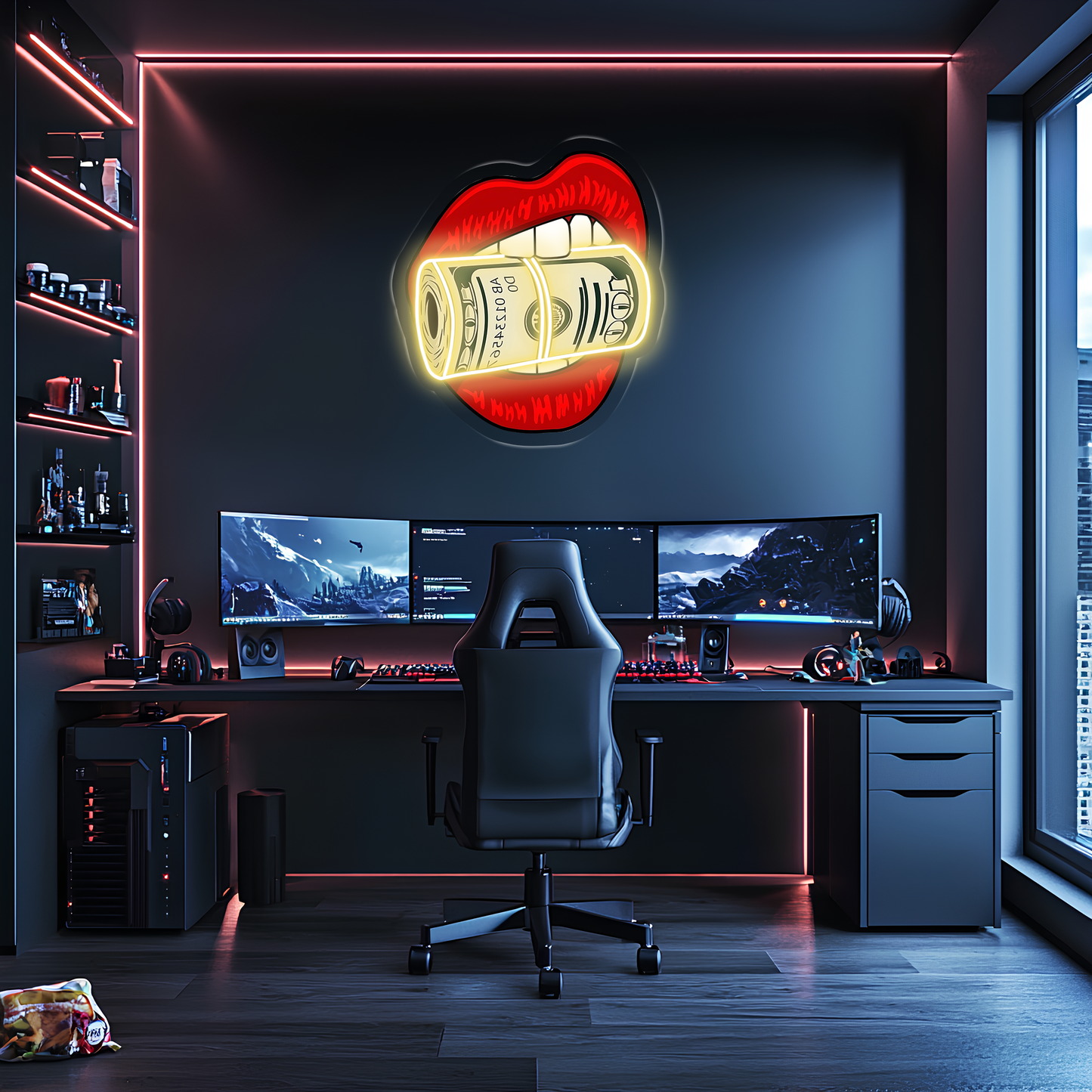 Pop Art Dudak Neon Duvar Dekoru | Para Rulosu Isıran Dudak Tasarımı | Işıklı LED Pleksi Duvar Sanatı