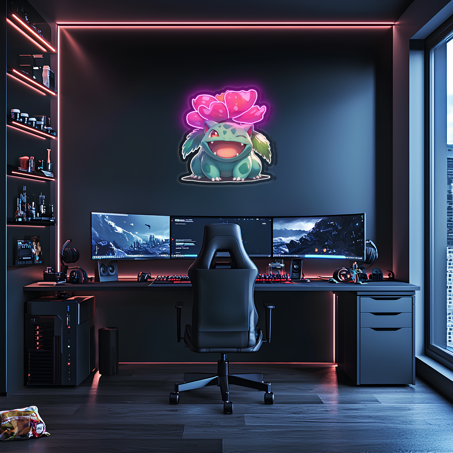 Venusaur Neon Duvar Dekoru | Renkli Çiçekli Pokémon Temalı Işıklı LED Tablo | Pleksi UV Baskı Neon Sanatı