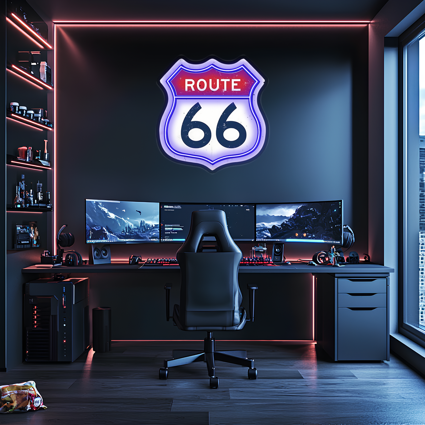 Route 66 Neon Duvar Dekoru | Retro Amerikan Karayolu Temalı LED Işıklı Tabela | Gamer & Bar Dekorasyonu