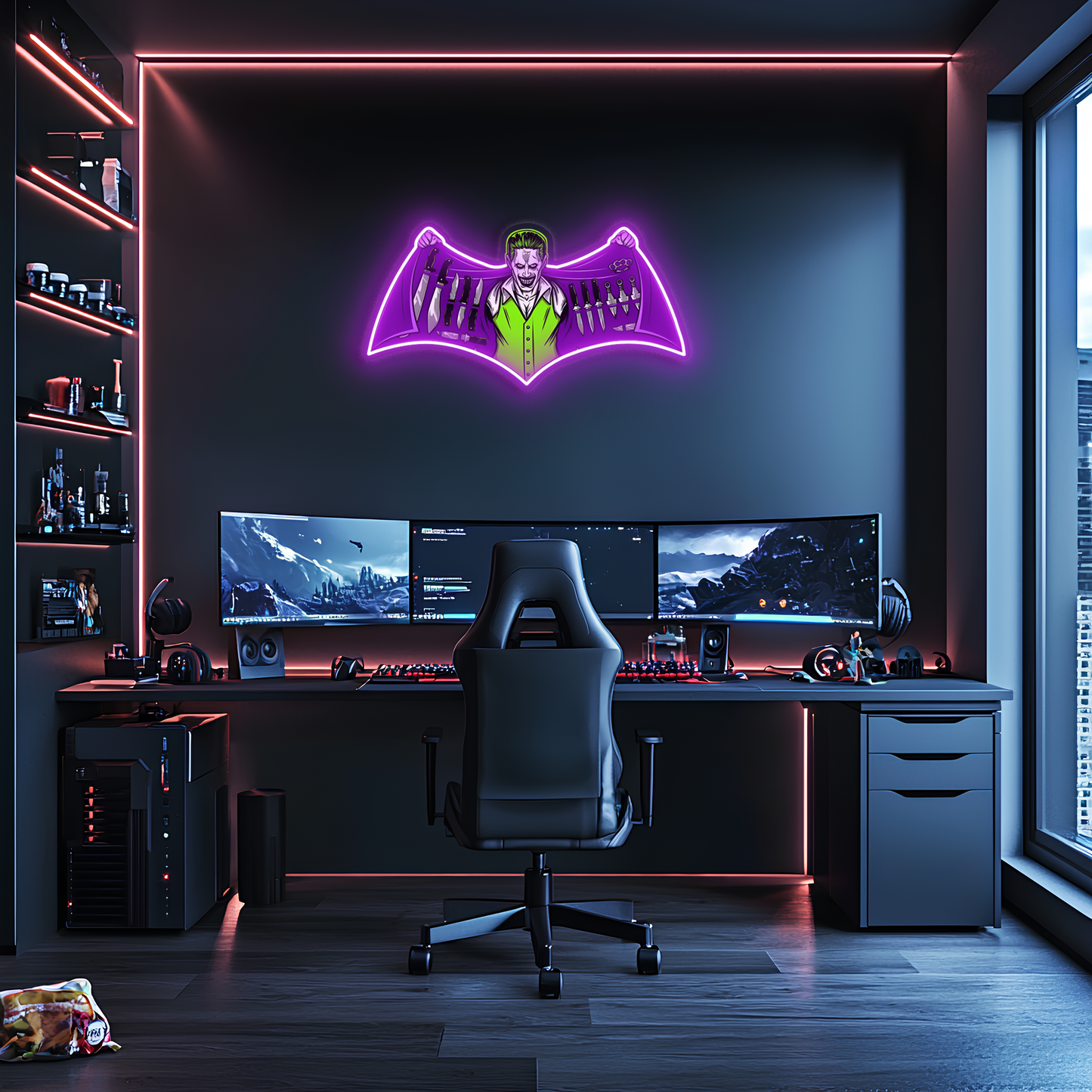 Joker Temalı Neon Duvar Dekoru | Mor Yeşil Pleksi UV Baskı LED Tablo | Oyun Odası ve Koleksiyon Alanı İçin Işıklı Duvar Sanatı