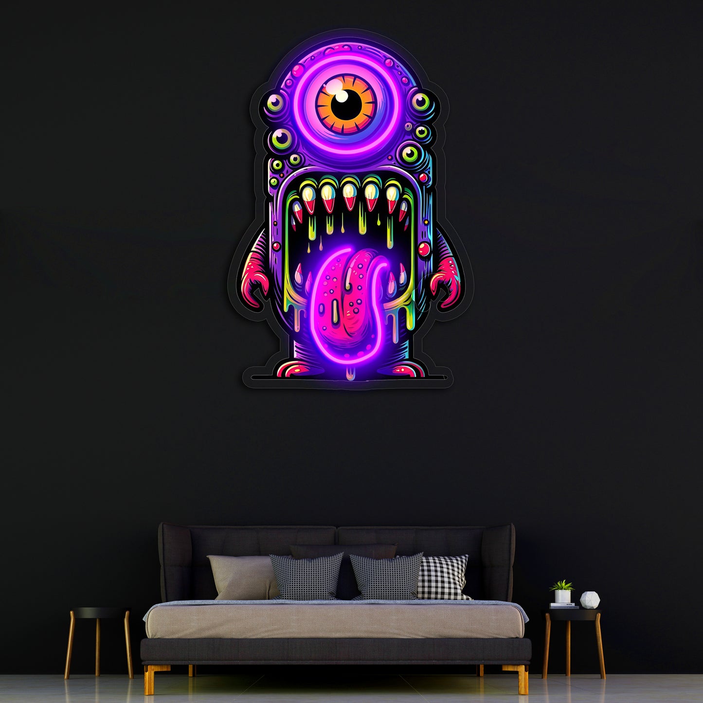 Renkli Canavar Neon Duvar Dekoru | Tek Gözlü Sanatsal LED Tablo | Pleksi UV Baskı Işıklı Pop Art Duvar Sanatı