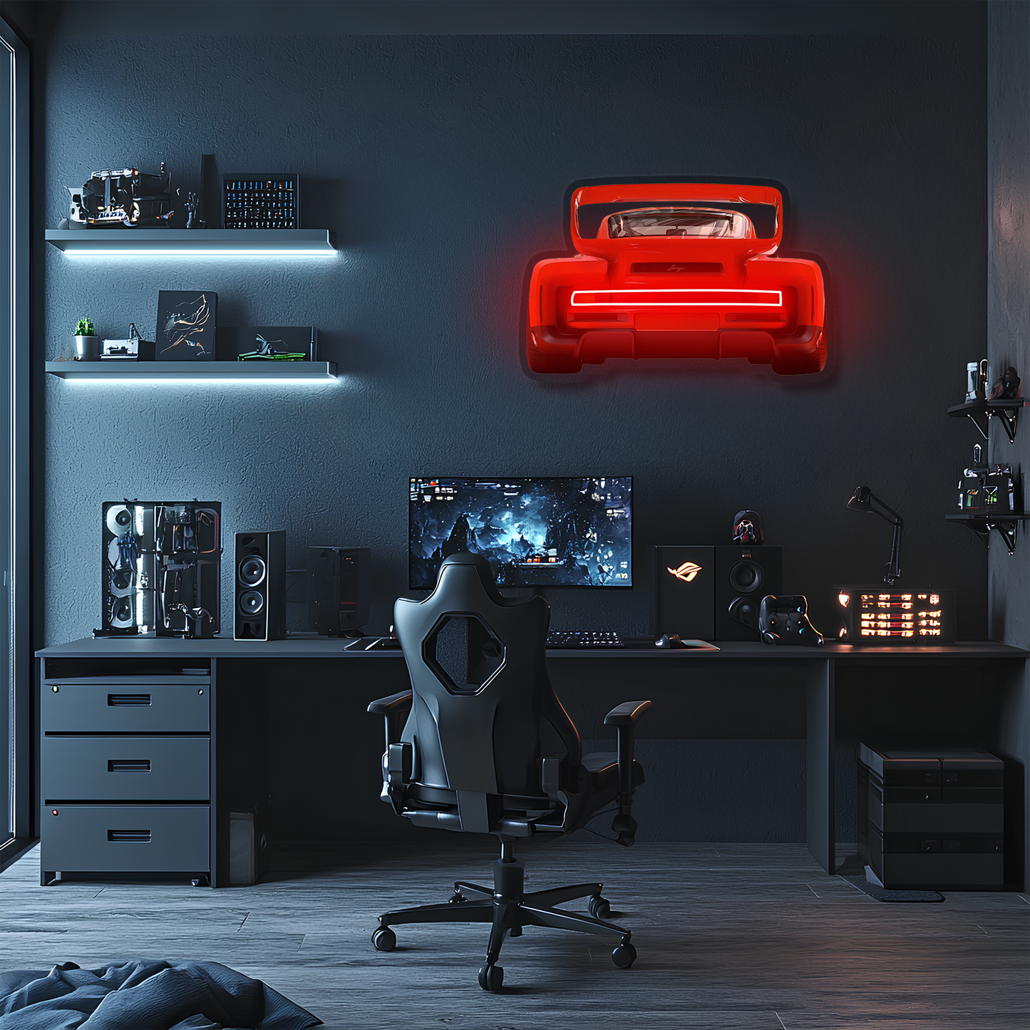 Kırmızı Spor Araba UV Baskı Neon Duvar Dekoru | Pleksi Işıklı Araba Tablo | Garaj ve Atölye Duvar Sanatı