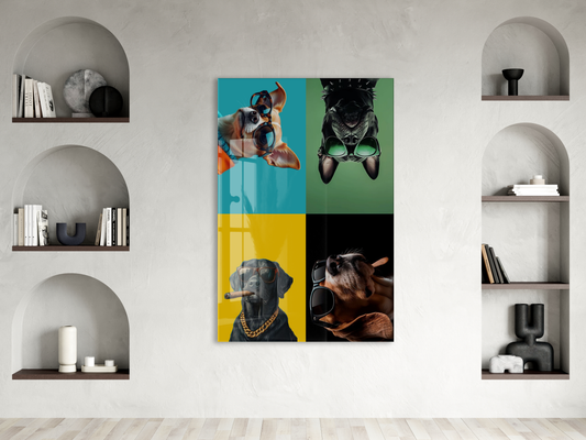 Cool Dogs – Dört Karakter, Tek Stil Pop Art Duvar Cam Sanatı- Peony053