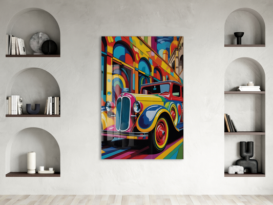 Renkli Klasik Araba Cam Tablo – Retro Otomobil Temalı Modern Pop Art, UV Baskılı Temperli Cam Duvar
