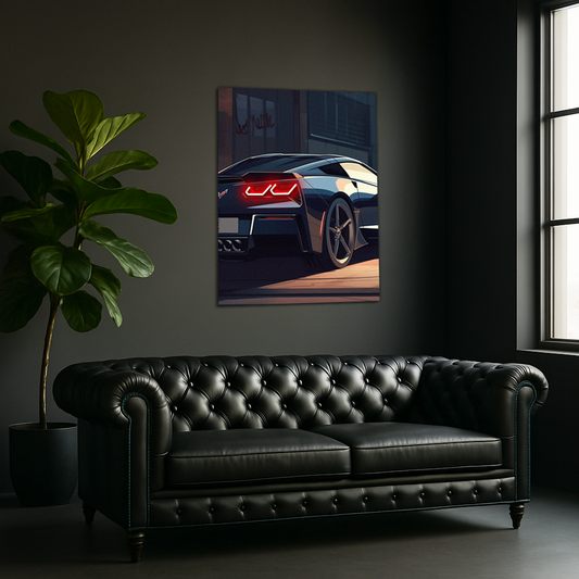 Siyah Corvette Tarzı UV Baskı Neon Duvar Dekoru | Pleksi Işıklı Süper Araba Tablo