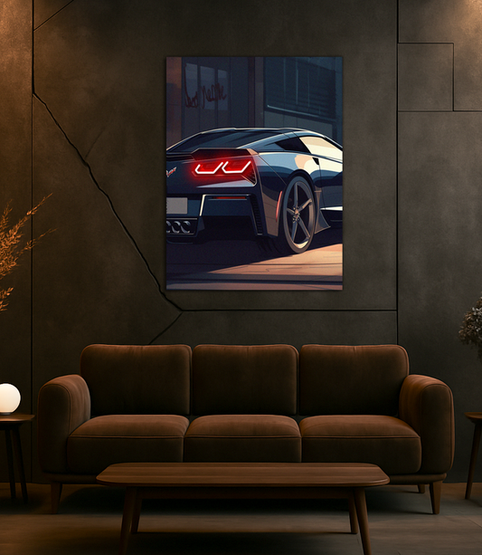 Siyah Corvette Tarzı UV Baskı Neon Duvar Dekoru | Pleksi Işıklı Süper Araba Tablo | Modern Ev ve Ofis Dekoru
