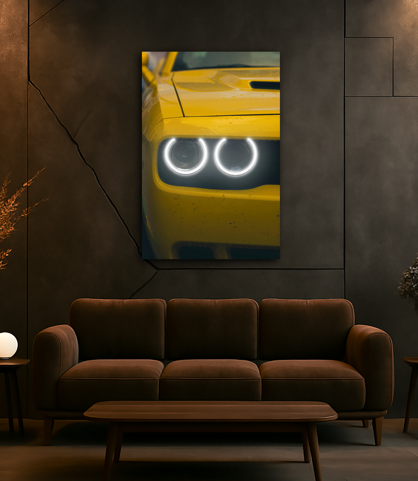 Spor Otomobil UV Baskı Neon Tablo | Çift LED Far Detaylı Pleksi Duvar Dekoru | Enerjik Otomobil Duvar Sanatı