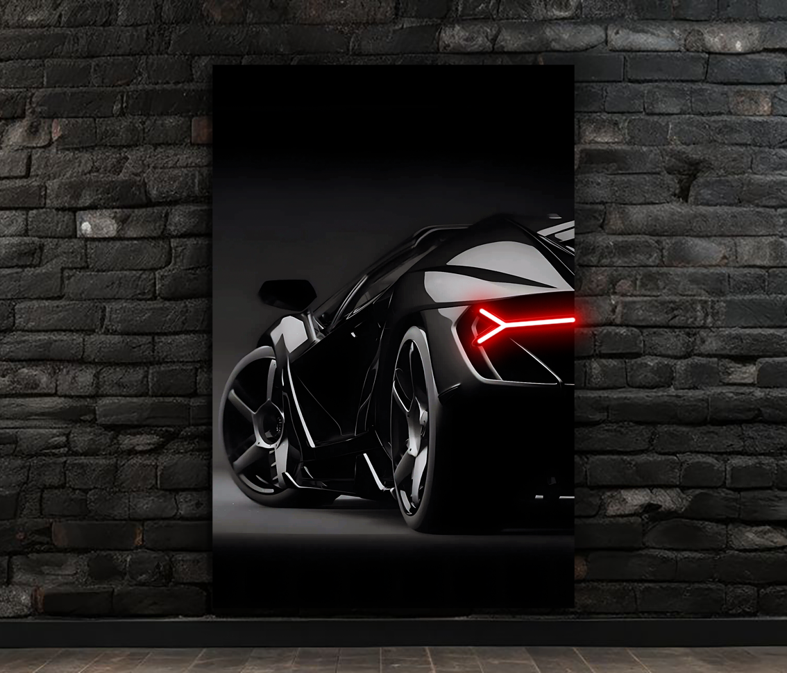 Siyah Süper Otomobil UV Baskı Neon Duvar Dekoru | Pleksi Üzeri LED Işıklı Tablo | Lüks Araç Duvar Sanatı