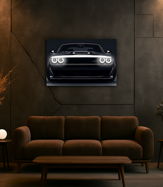 Araba UV Baskı Neon Duvar Dekoru | Parlak Far Efektli Pleksi Tablo | Modern Otomobil Temalı Duvar Sanatı