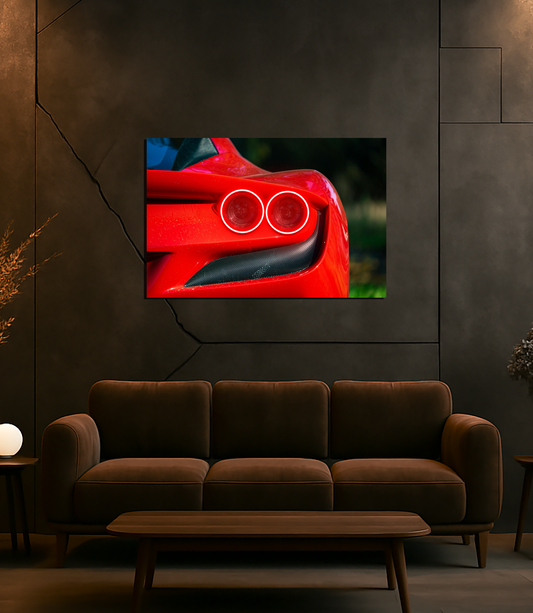 Kırmızı Spor Otomobil UV Baskı Neon Tablo | Pleksi LED Duvar Dekoru | Lüks Otomobil Arka Stop Tasarımı