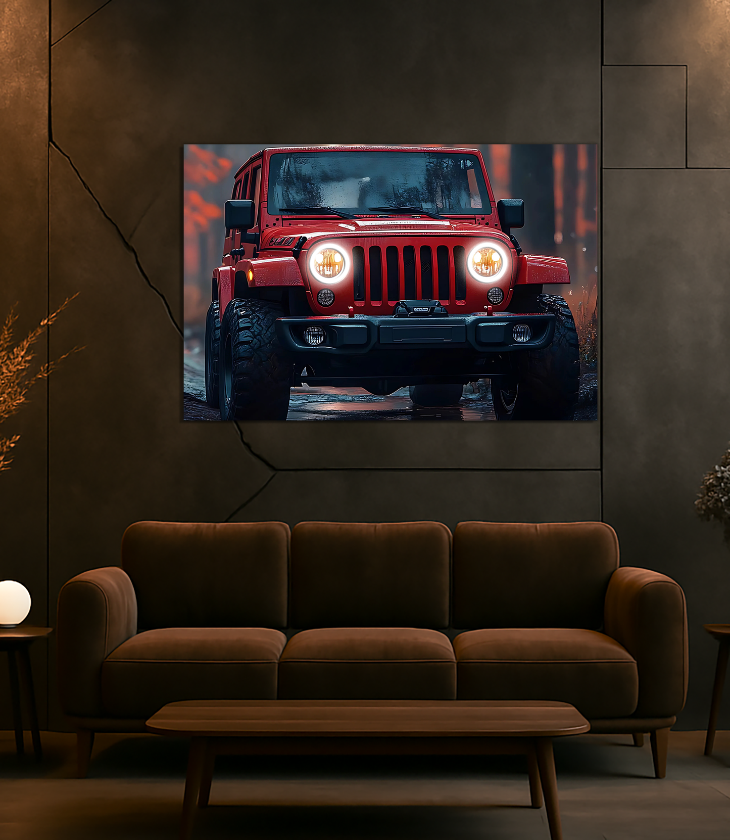 Kırmızı Jeep Tarzı UV Baskı Neon Duvar Dekoru | Pleksi Işıklı Araba Tablo | Gamer Room ve Ofis Dekoru