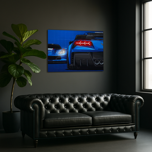 Mavi Corvette Tarzı UV Baskı Neon Duvar Dekoru | Pleksi Işıklı Süper Araba Tablo | Modern Ev ve Ofis Dekoru