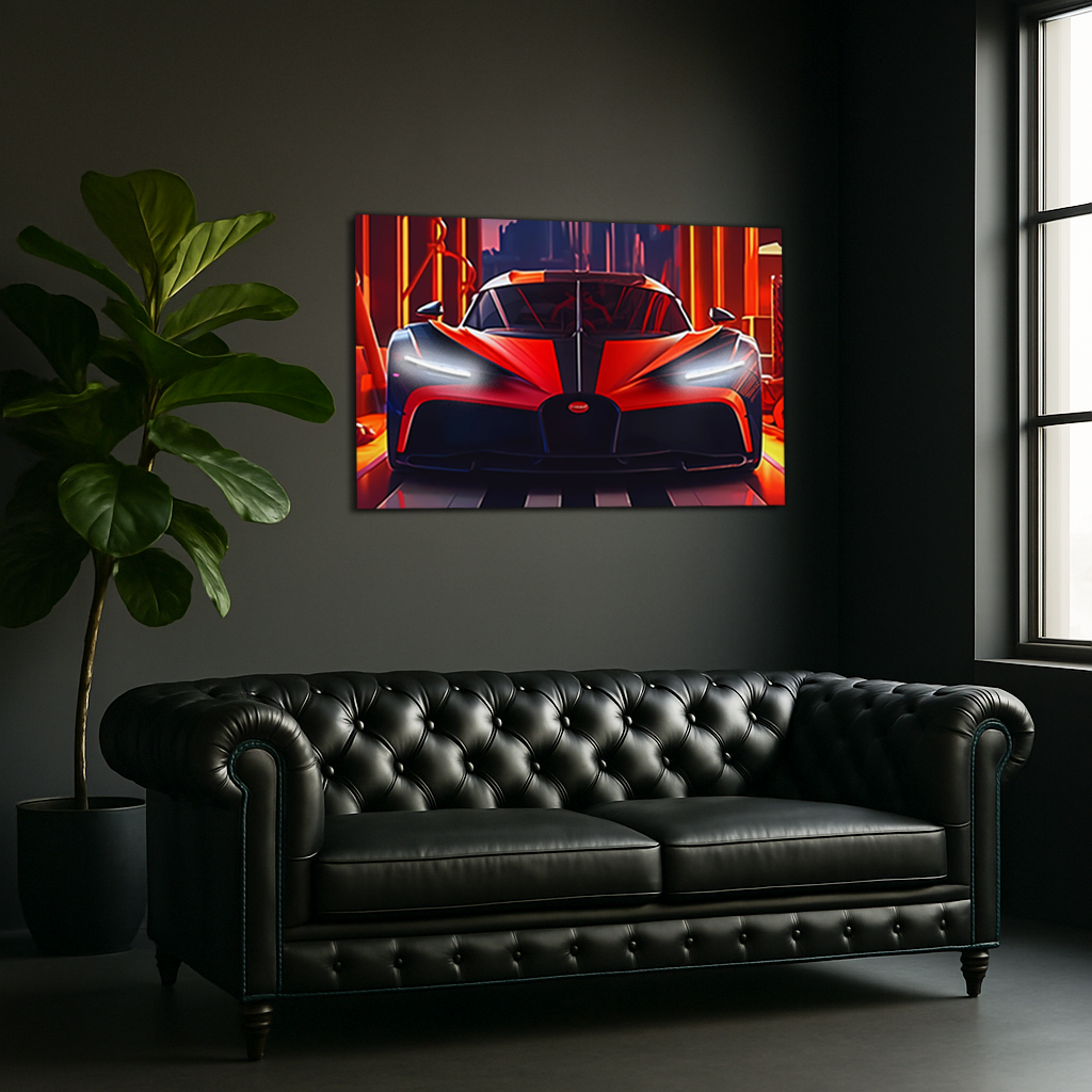 Kırmızı Bugatti Tarzı UV Baskı Neon Duvar Dekoru | Pleksi Işıklı Süper Araba Tablo | Gamer Room Duvar Sanatı