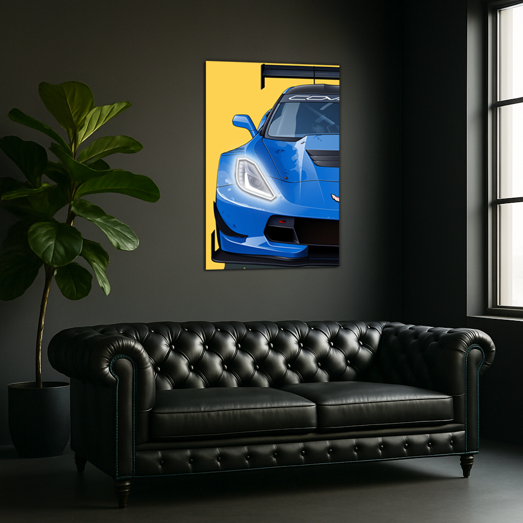 Mavi Corvette Tarzı Yarış Araba UV Baskı Neon Duvar Dekoru | Pleksi Işıklı Spor Araba Tablo | Modern Ev Dekoru