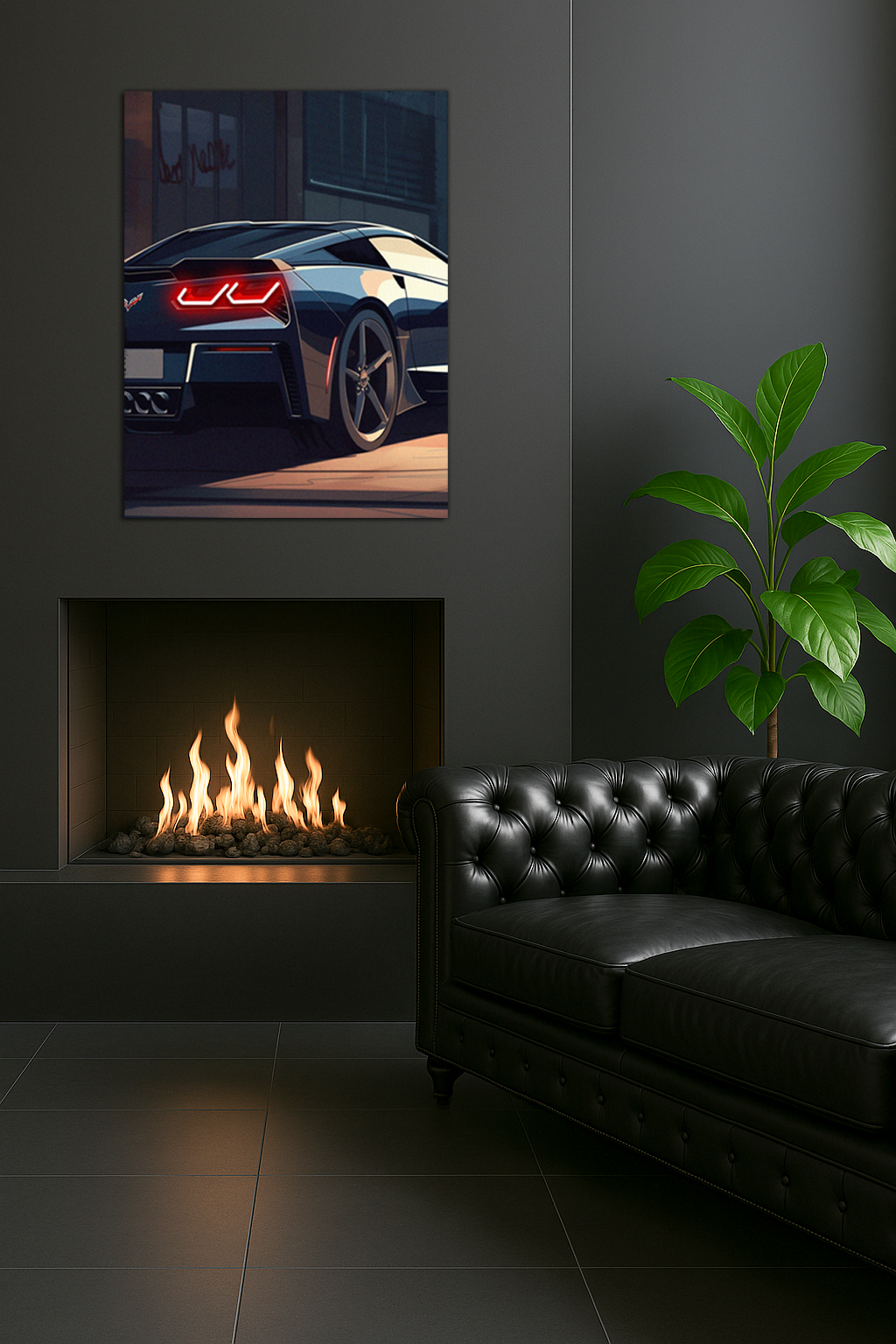 Siyah Corvette Tarzı UV Baskı Neon Duvar Dekoru | Pleksi Işıklı Süper Araba Tablo | Modern Ev ve Ofis Dekoru