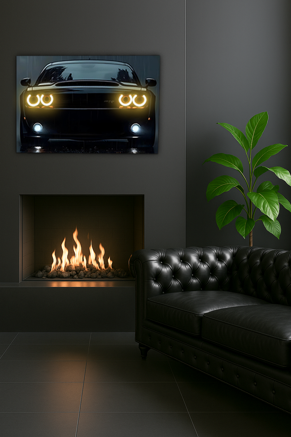 Siyah Muscle Car UV Baskı Neon Duvar Dekoru | Pleksi Işıklı Araba Tablo | Güçlü Far Efektli Modern Duvar Sanatı