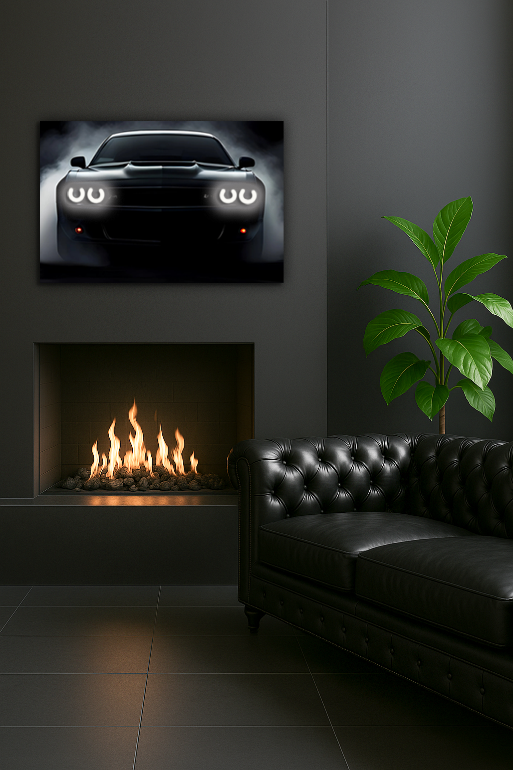 Araba UV Baskı Neon Duvar Dekoru | Sisli Fonlu Işıklı Pleksi Tablo | Modern Otomobil Temalı Duvar Sanatı