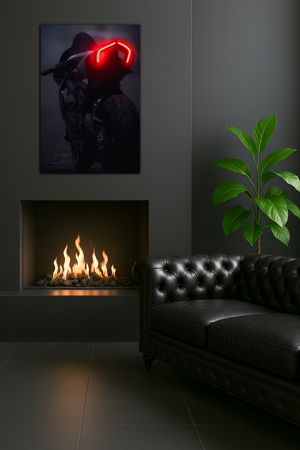 Siyah Motosiklet UV Baskı Neon Duvar Dekoru | Kırmızı Işıklı Pleksi Tablo | Modern ve Minimal Duvar Sanatı