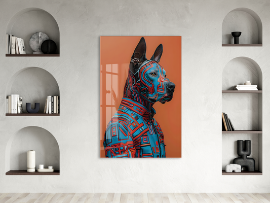 Modern Geometrik Köpek Portresi Cam Tablo – Renkli Pop Art Temalı UV Baskılı Temperli Cam Duvar