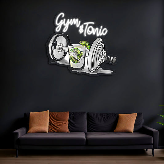 Gym & Tonic Neon Duvar Dekoru | Spor ve Kokteyl Temalı LED Işıklı Tablo | UV Baskı Pleksi Neon
