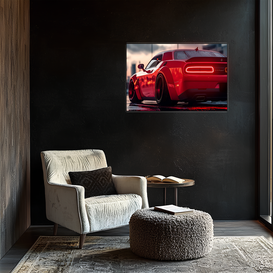 Kırmızı Muscle Car UV Baskı Neon Duvar Dekoru | Pleksi Işıklı Spor Araba Tablo