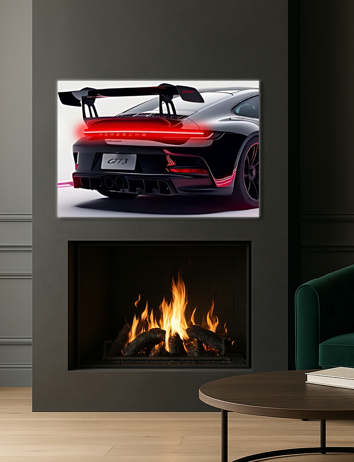Siyah Spor Araba UV Baskı Neon Duvar Dekoru | GT Tarzı Pleksi Tablo | Kırmızı Işıklı Modern Duvar Sanatı
