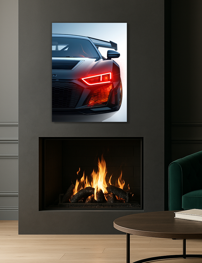 Siyah Audi R Tarzı UV Baskı Neon Duvar Dekoru | Pleksi Işıklı Spor Araba Tablo | Modern Ev ve Ofis Dekoru