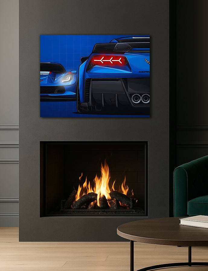 Mavi Corvette Tarzı UV Baskı Neon Duvar Dekoru | Pleksi Işıklı Süper Araba Tablo | Modern Ev ve Ofis Dekoru