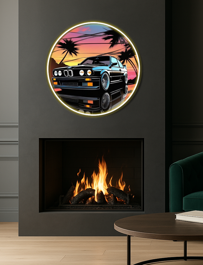Retro BMW Tarzı Yuvarlak UV Baskı Neon Duvar Dekoru | Gün Batımı Temalı Pleksi Işıklı Tablo | Modern Ev Dekoru