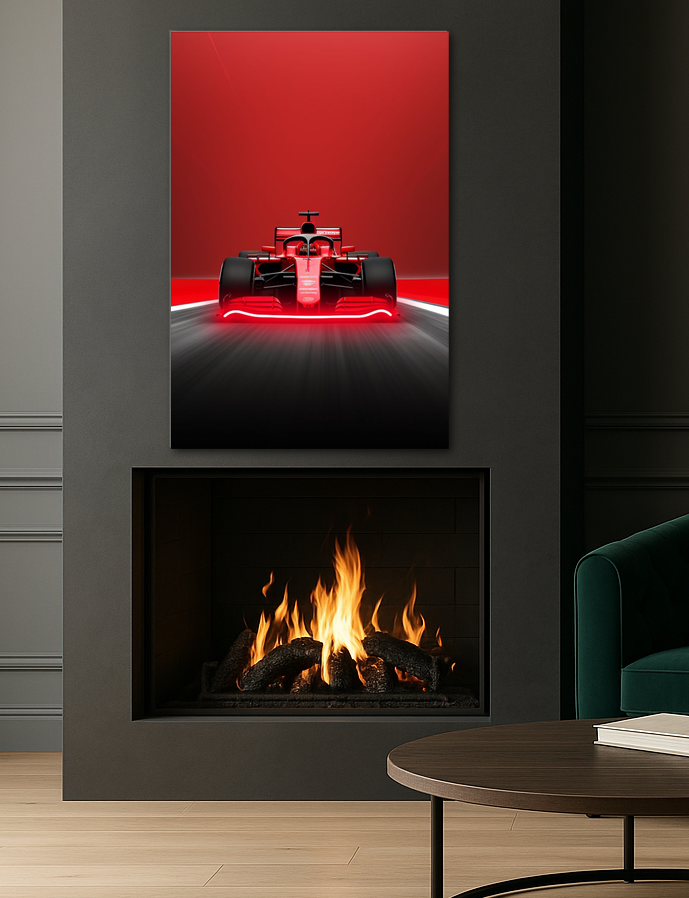 Kırmızı Yarış Otomobili UV Baskı Neon Duvar Dekoru | Pleksi Üzeri LED Işıklı Formula Tablo | Hız Tutkunu Duvar Sanatı