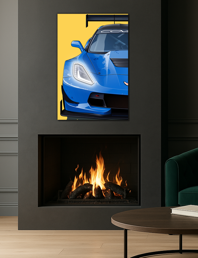 Mavi Corvette Tarzı Yarış Araba UV Baskı Neon Duvar Dekoru | Pleksi Işıklı Spor Araba Tablo | Modern Ev Dekoru