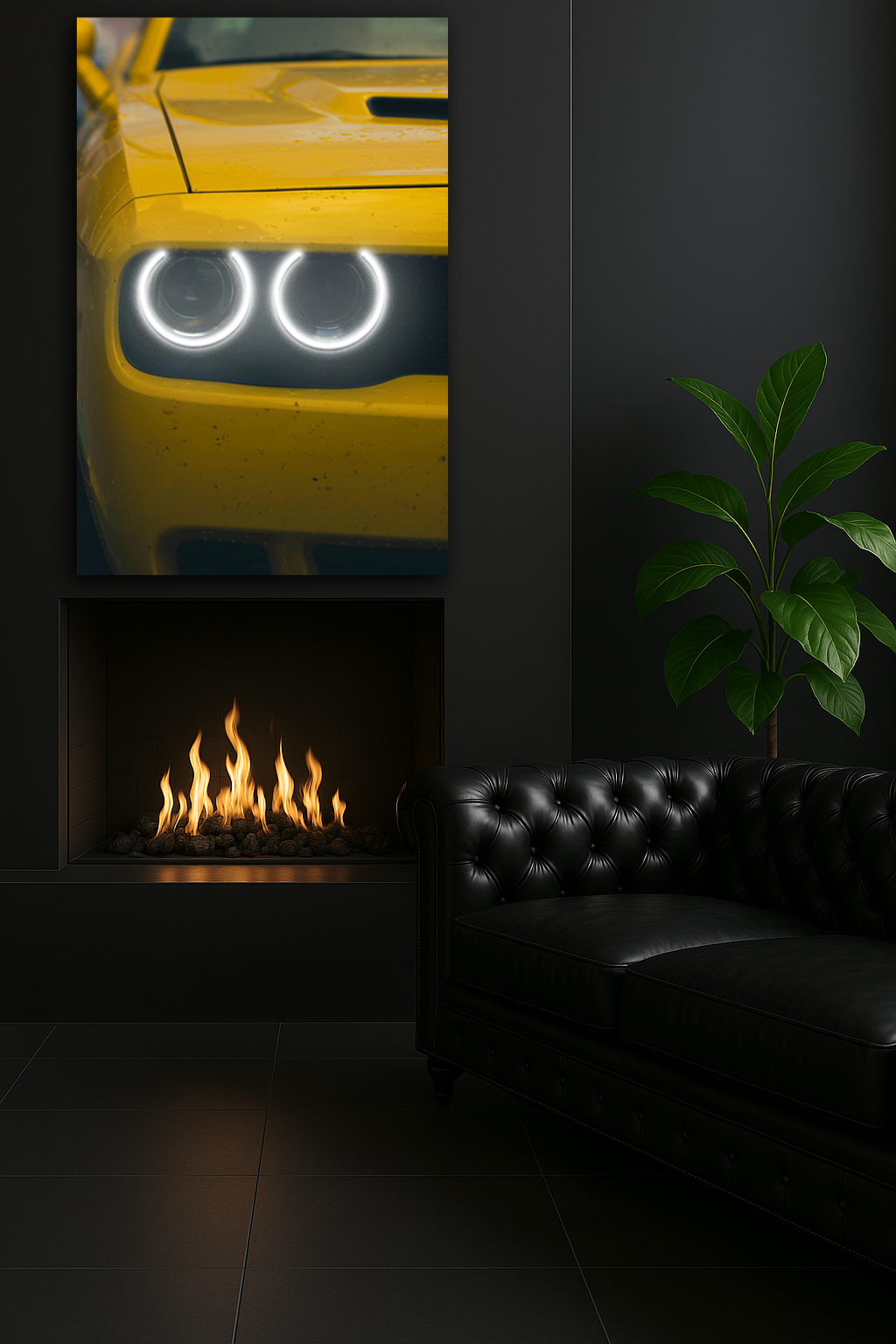 Spor Otomobil UV Baskı Neon Tablo | Çift LED Far Detaylı Pleksi Duvar Dekoru | Enerjik Otomobil Duvar Sanatı