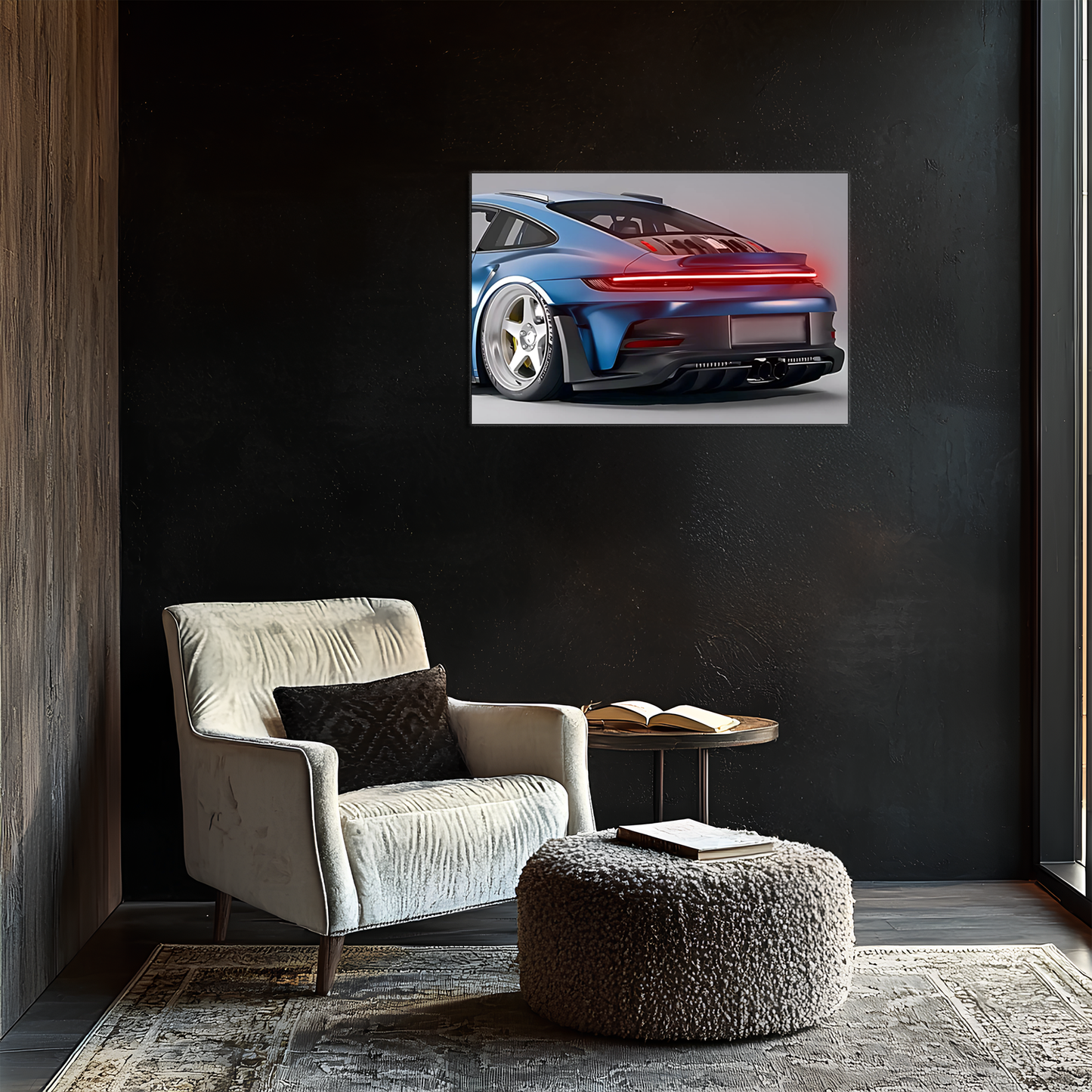 Mavi GT Tarzı Spor Araba UV Baskı Neon Duvar Dekoru | Pleksi Işıklı Tablo | Modern Ev ve Ofis Dekoru