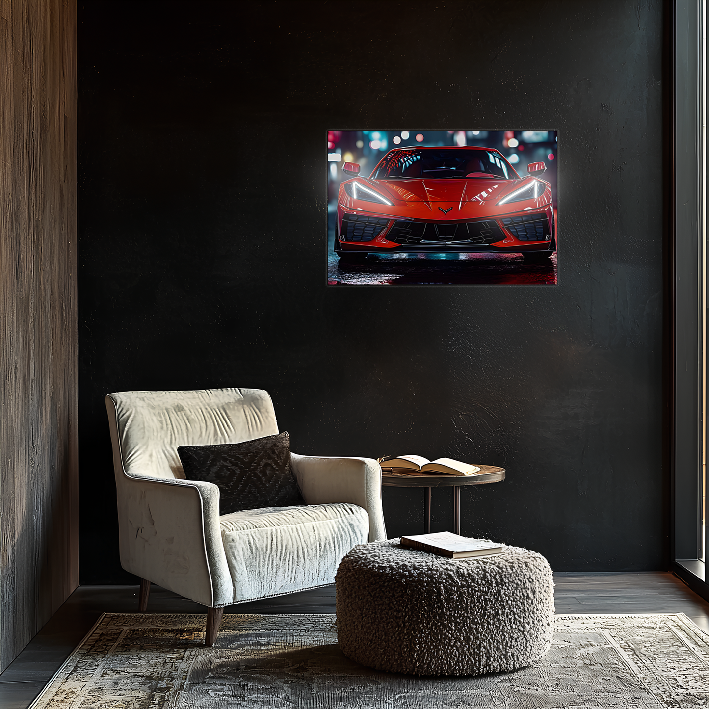 Kırmızı Corvette Tarzı UV Baskı Neon Duvar Dekoru | Pleksi Işıklı Spor Araba Tablo | Gamer Room Duvar Sanatı