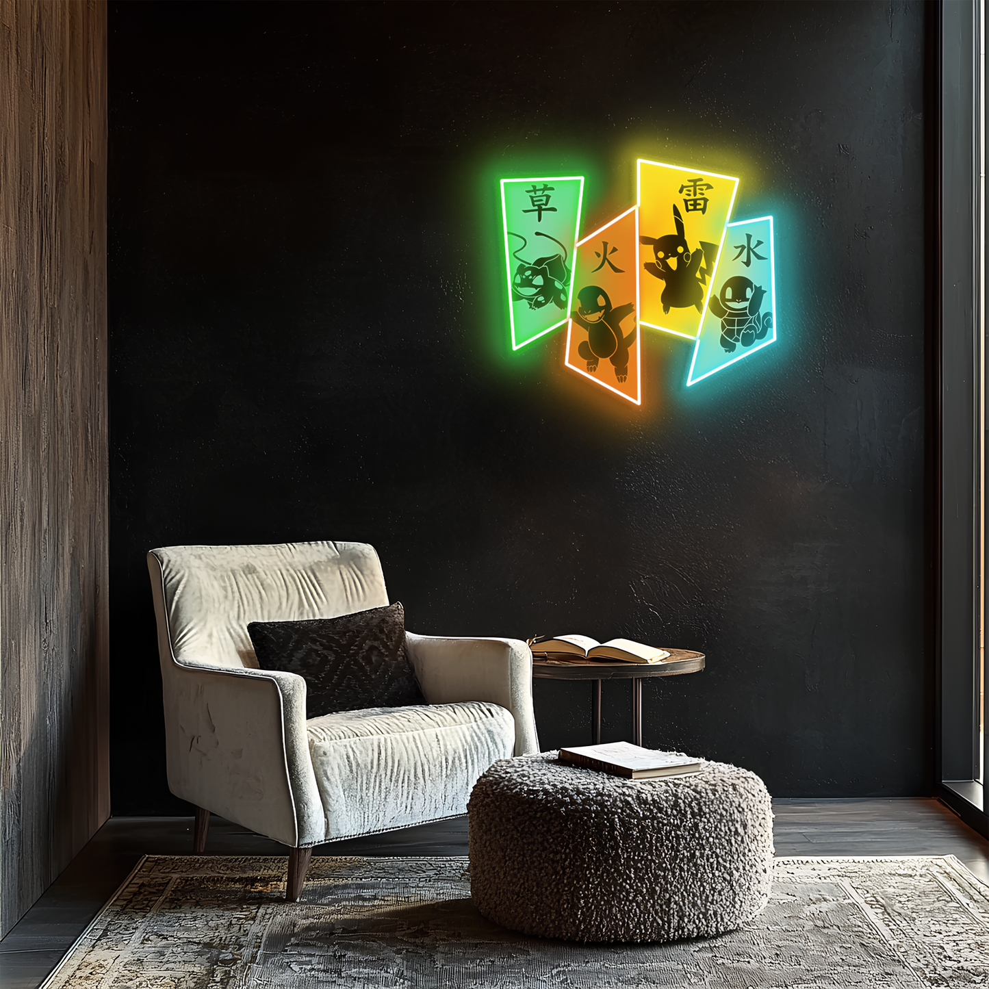 Dörtlü Pokémon Neon Duvar Dekoru | Charmander Squirtle Bulbasaur Temalı LED Duvar Işığı | Gamer & Anime Odası Dekoru