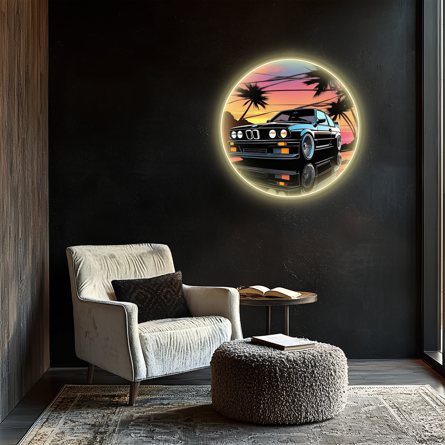 Retro BMW Tarzı Yuvarlak UV Baskı Neon Duvar Dekoru | Gün Batımı Temalı Pleksi Işıklı Tablo | Modern Ev Dekoru