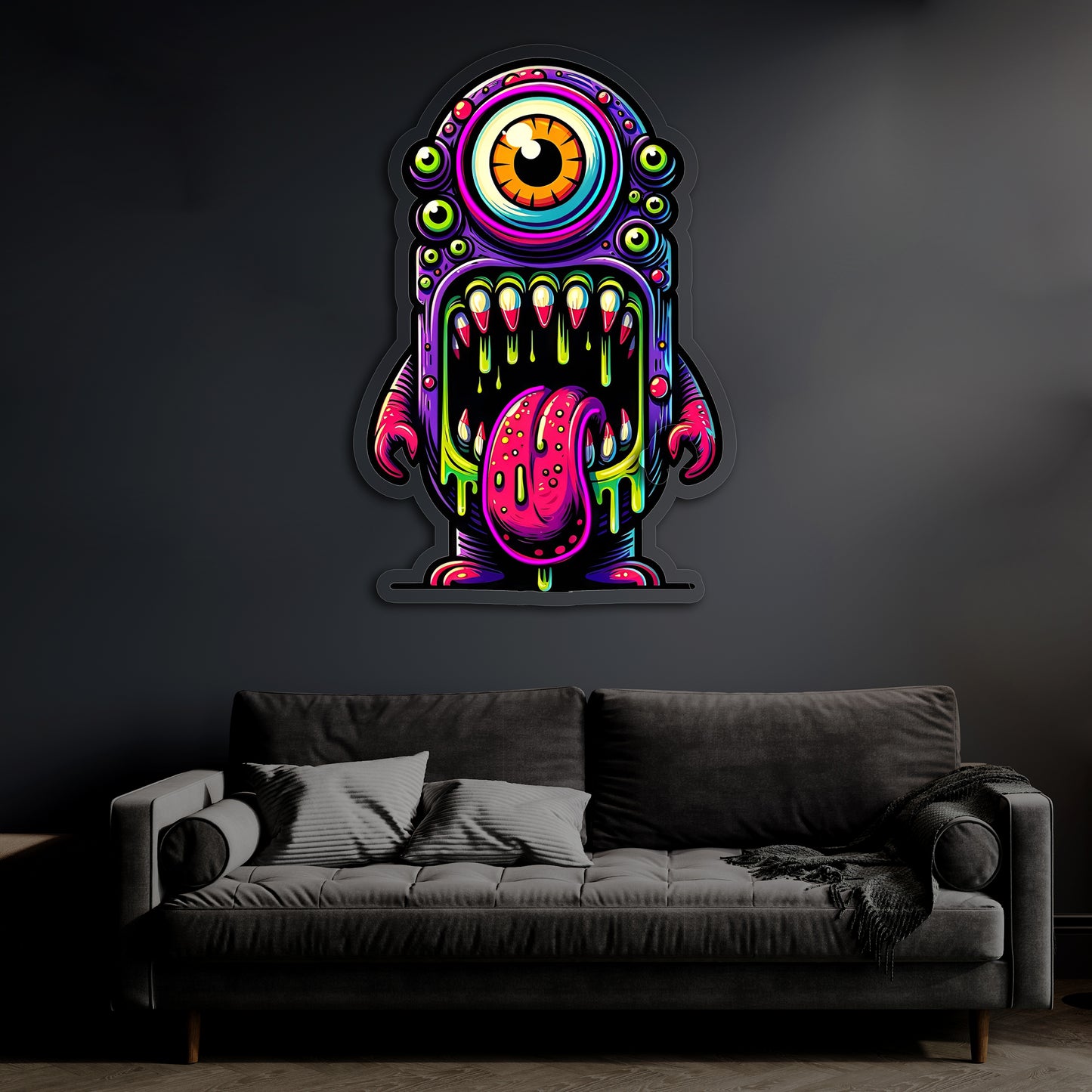 Renkli Canavar Neon Duvar Dekoru | Tek Gözlü Sanatsal LED Tablo | Pleksi UV Baskı Işıklı Pop Art Duvar Sanatı