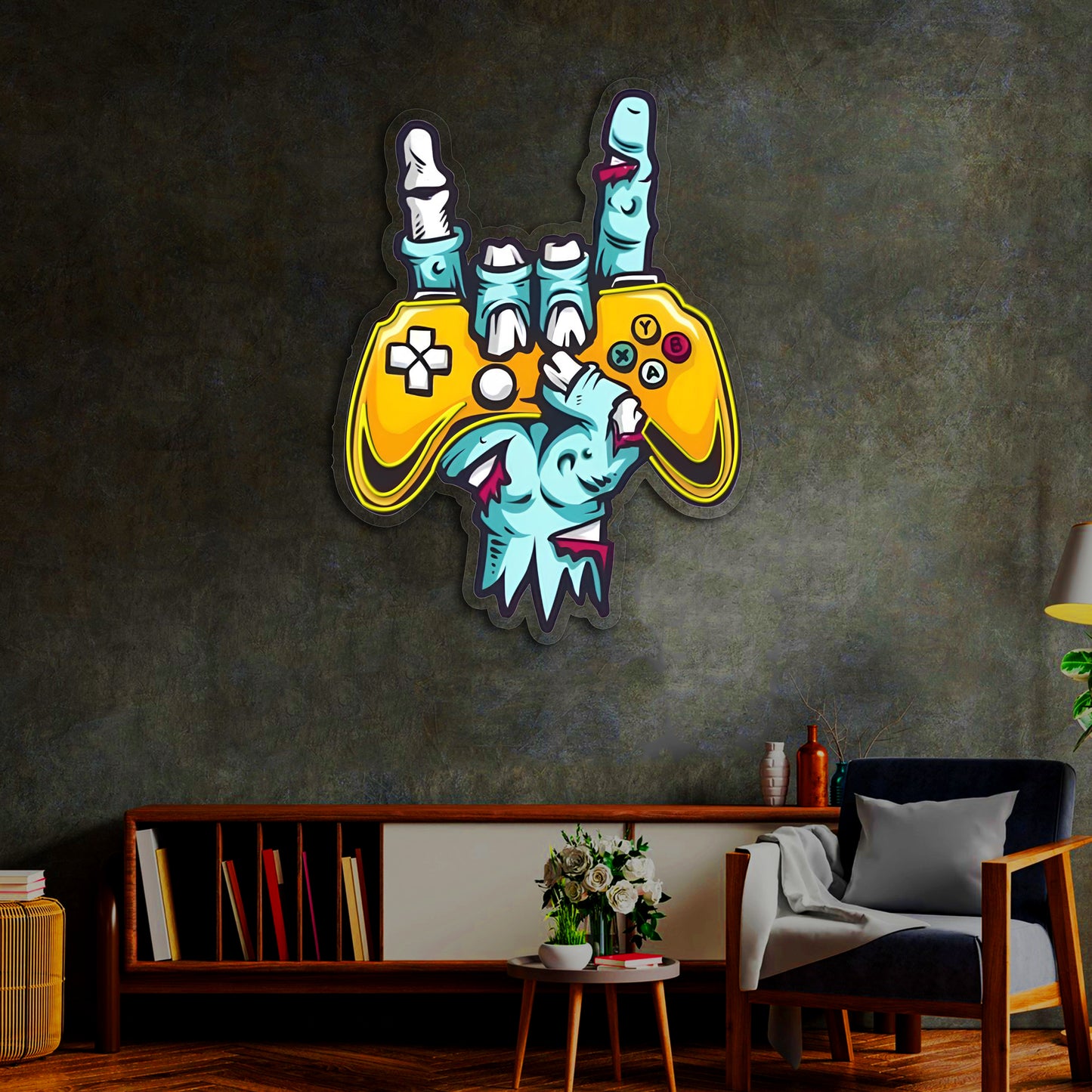 Oyun Temalı Neon Duvar Dekoru – Pleksi Üzerine UV Baskı | Modern Oyun Odası Aydınlatması