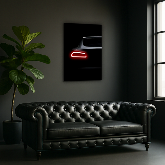 Minimalist Siyah Araba UV Baskı Neon Duvar Dekoru | Kırmızı Işıklı Pleksi Tablo