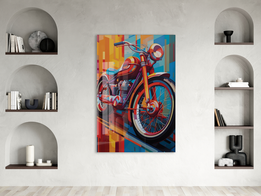 Retro Motosiklet Cam Tablo – Modern Geometrik Stil, Renkli UV Baskılı Temperli Cam Duvar Tablosu