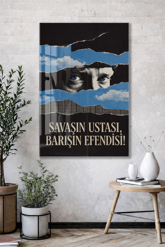 Mustafa Kemal Atatürk Savaşın Ustası Barışın Efendisi Cam Tablo – Modern Mavi Siyah Atatürk Duvar